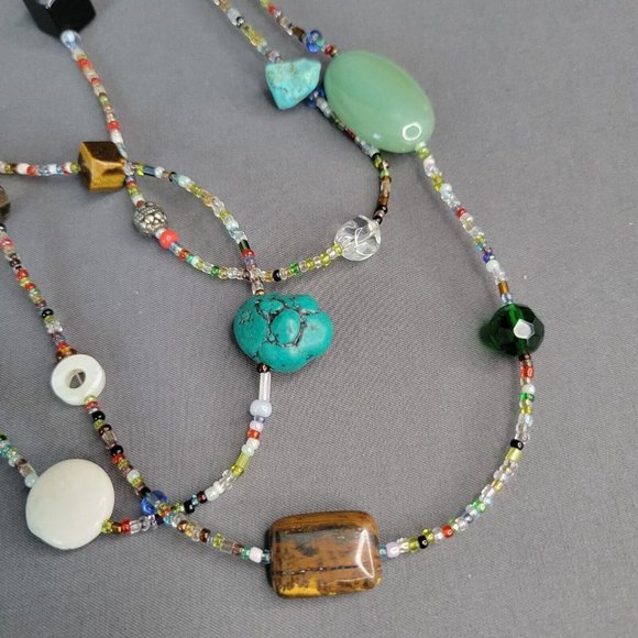 Womens Multicolored Beaded Necklace Aventurine Chalcedony Howlite 48 in - Picture 3 of 5